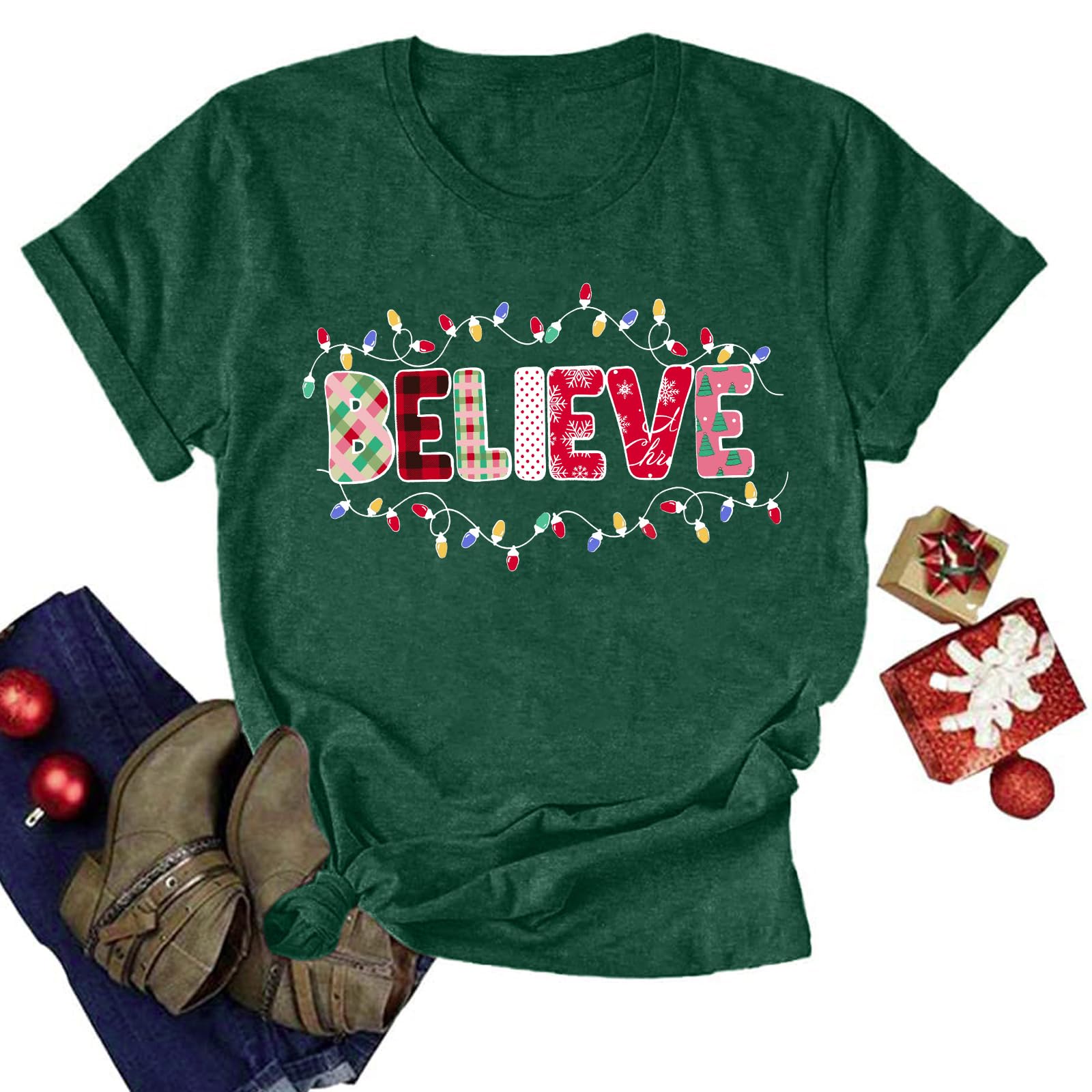 Believe Christmas Shirt for Women Christmas Tree Graphic T-Shirts Believe Letter Print Tees Holiday Tops